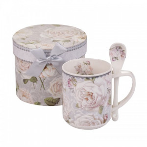 Чаша с лъжичка бяла роза New Wish Studio Porcelain