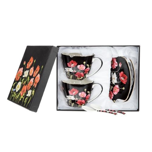 Комплект две чаши за чай с чинийки и лъжички - Черни макове от MaxShop Комплект две чаши за чай с чинийки и лъжички - Черни макове на ниска цена от MaxShop