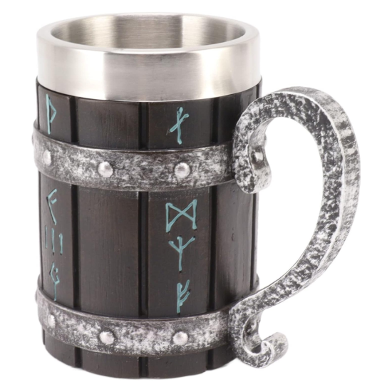 Масивна халба за бира с дизайн на тъмно дърво, сребристи обкови и сини руни, вместимост 600 мл.