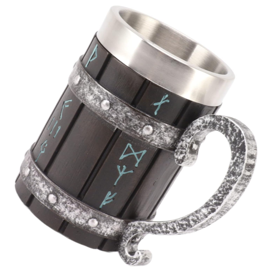 Масивна халба за бира с дизайн на тъмно дърво, сребристи обкови и сини руни, вместимост 600 мл.