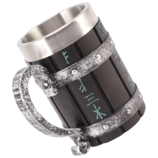 Масивна халба за бира с дизайн на тъмно дърво, сребристи обкови и сини руни, вместимост 600 мл.