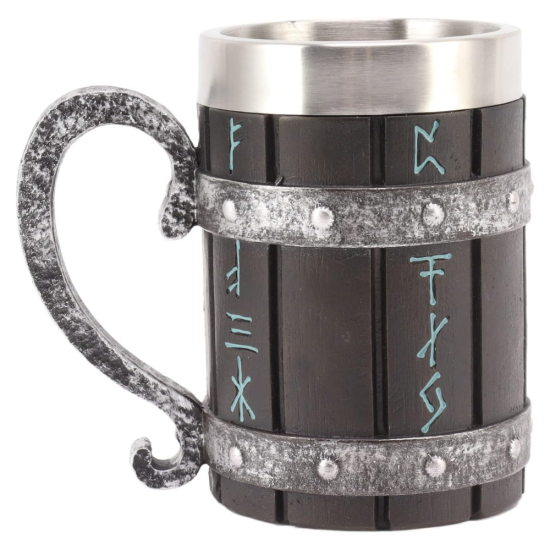 Масивна халба за бира с дизайн на тъмно дърво, сребристи обкови и сини руни, вместимост 600 мл.