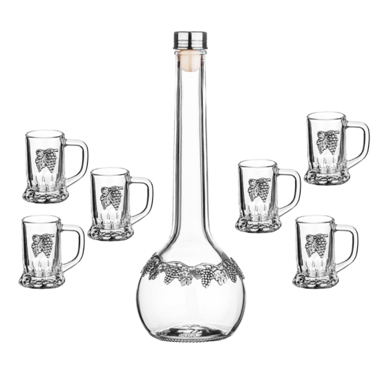 Оригинален португалски сет за ракия от Freitas & Dores с декорация грозд и чаши с дръжки