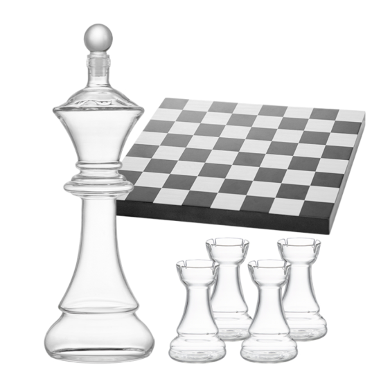 Сервиз за алкохол с дизайн на шах, включващ гарафа-цар и стъклени чаши