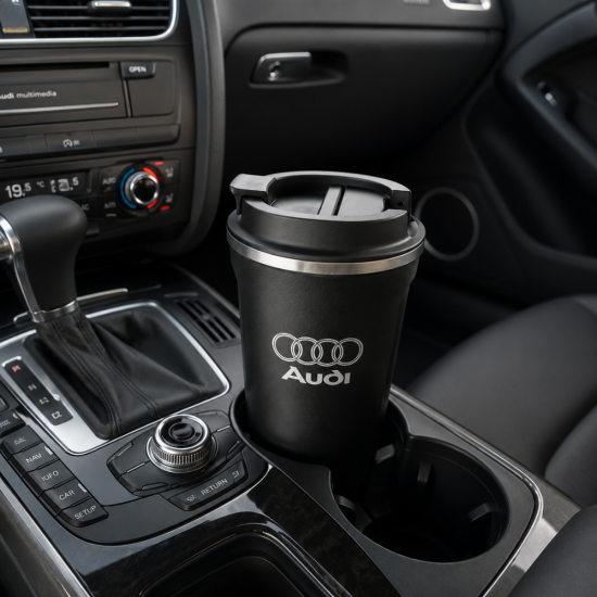 Черна матова термо чаша със сребристо лого Audi и затворена капачка