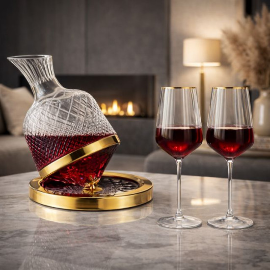 Луксозен комплект кристален декантер с въртяща се стойка и две чаши за вино