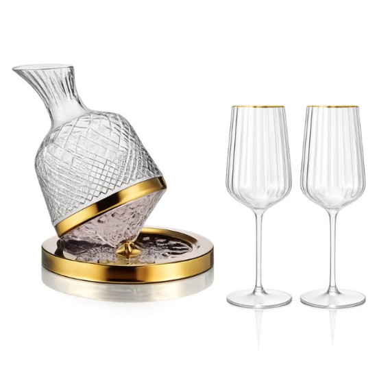 Луксозен комплект кристален декантер с въртяща се стойка и две чаши за вино