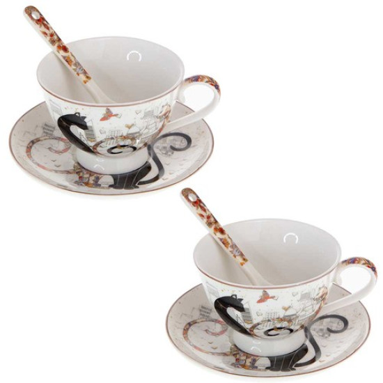 Подаръчен комплект за еспресо за двама Комплект от две порцеланови чаши за кафе 90мл Cat Collection с чинийки и лъжички в подаръчна кутия