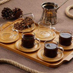 Чаши за кафе на дървен поднос на ниска цена от MaxShop
