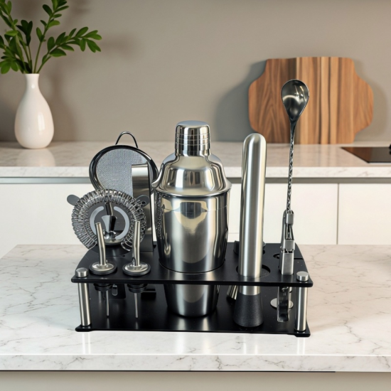 Пълен комплект за коктейли от неръждаема стомана с черна стойка за съхранение