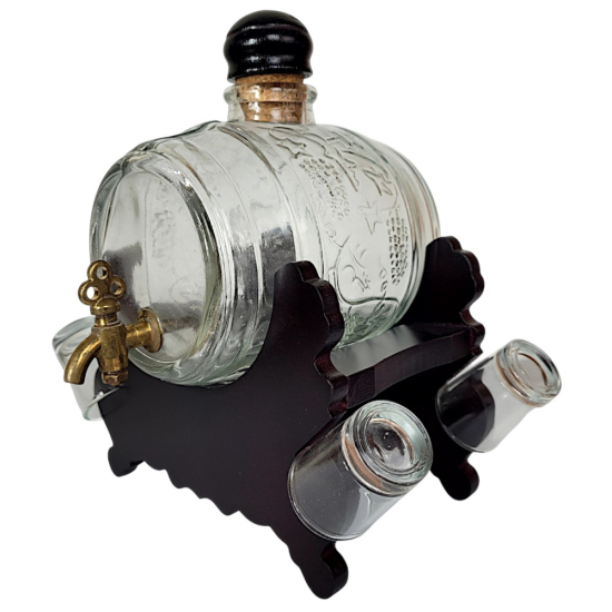 Стъклено буре 1 литър с месингова канелка върху тъмна дървена стойка