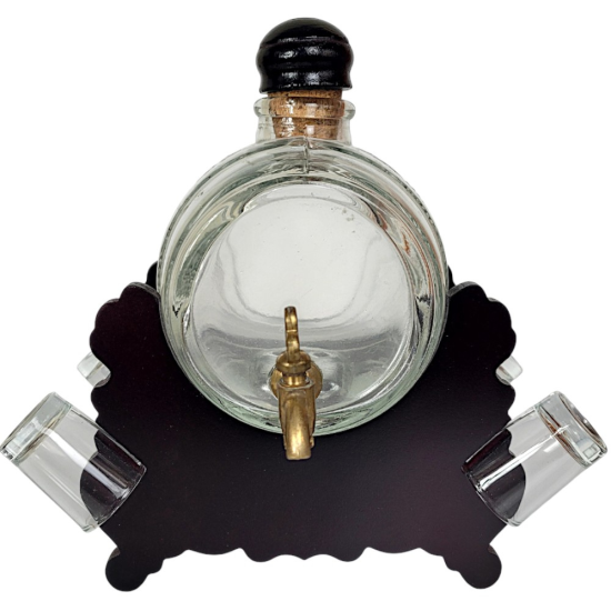 Бъчва с Дървена Стойка Стъклено буре 1 литър с месингова канелка върху тъмна дървена стойка