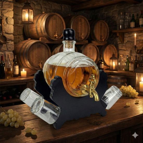 Малко стъклено буре 550мл с месингова канелка и 4 чаши на черна стойка