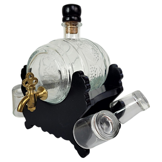 Малко стъклено буре 550мл с месингова канелка и 4 чаши на черна стойка