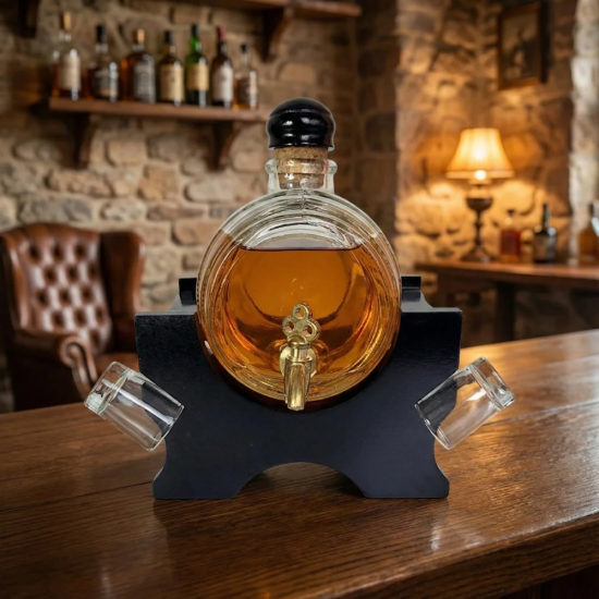 Стъклено буре за алкохол с месингова канелка върху черна MDF стойка