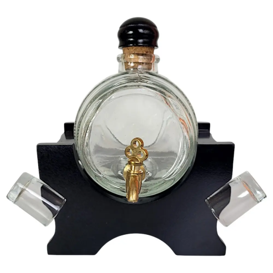 Подарък за Домашен Бар Стъклено буре за алкохол с месингова канелка върху черна MDF стойка