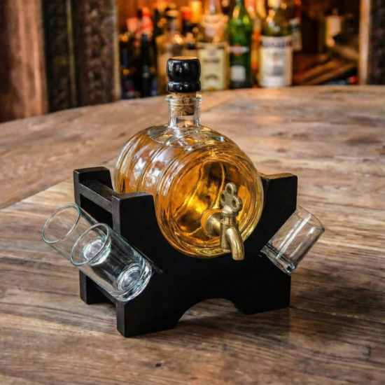 Стъклено буре 550мл за алкохол, монтирано върху елегантна черна дървена стойка