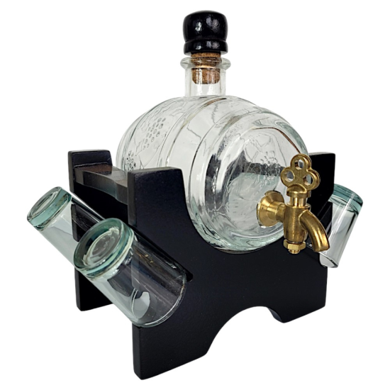 Стъклено буре 550мл за алкохол, монтирано върху елегантна черна дървена стойка