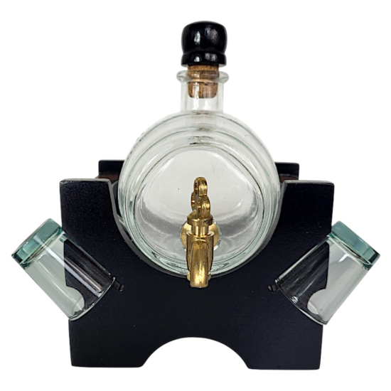 Стъклено буре 550мл за алкохол, монтирано върху елегантна черна дървена стойка