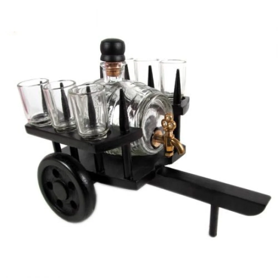 Черна дървена каручка със стъклено буре 500мл и 6 чаши за ракия