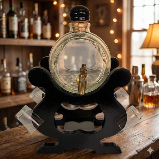 Стъклено буре 1 литър с месингова канелка върху черна дървена стойка