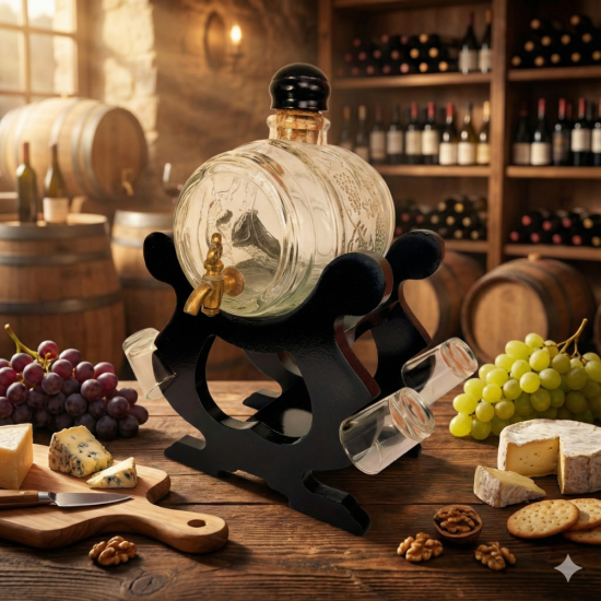 Стъклено буре 1 литър с месингова канелка върху черна дървена стойка