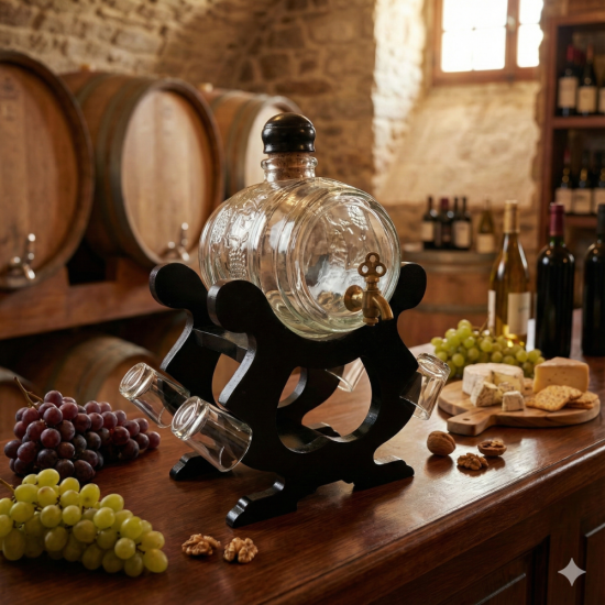 Стъклено буре 1 литър с месингова канелка върху черна дървена стойка