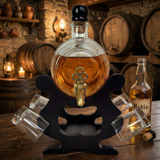 Малко стъклено буре 550мл с канелка на тъмна дървена поставка