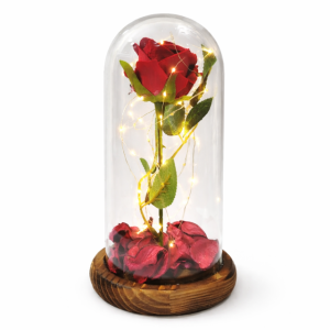 Вечна червена роза под стъклен купол с LED лента