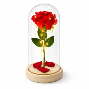 Светеща роза в стъкленица с дървена основа