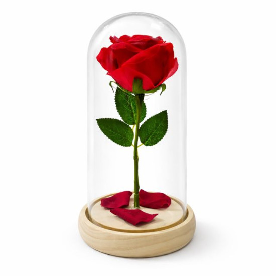 Романтична светеща роза в стъкленица с паднали листенца на основата