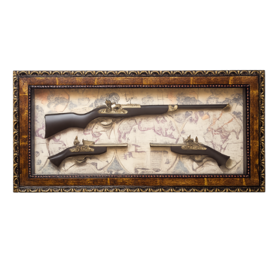 Идеален и много внушителен подарък за юбилей на шефа Голямо 3D стенно пано с антични оръжия пушка и пистолети