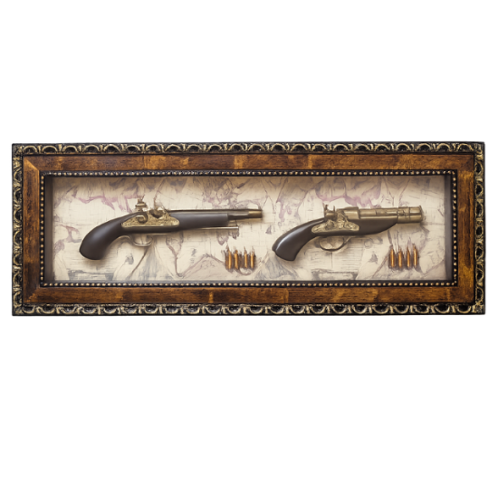 Луксозна картина за офис Широка стенна картина с 3D ефект, изобразяваща два старинни пистолета и патрони върху карта