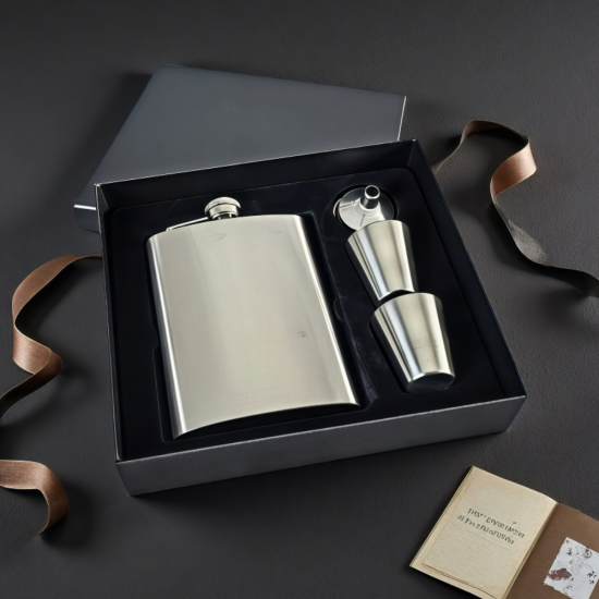 Сребриста метална манерка от неръждаема стомана с две малки чаши и фуния
