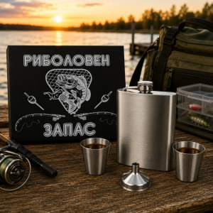 Метална манерка с две чашки и фуния в риболовна подаръчна кутия