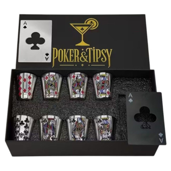 Луксозна черна кутия с надпис "Poker & Tipsy", съдържаща 8 метални шот чаши с карти и 2 отварачки Асо