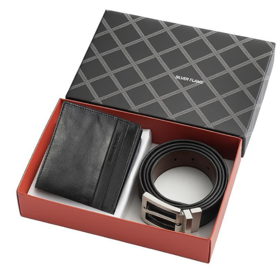 Луксозен мъжки подаръчен комплект, съдържащ портфейл и колан с две лица от естествена кожа