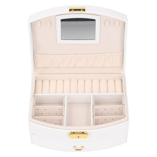 Отворена бяла кутия за бижута "Arco" от еко кожа с извит капак, огледало и отделение за часовник