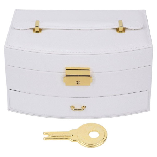 Отворена бяла кутия за бижута "Arco" от еко кожа с извит капак, огледало и отделение за часовник