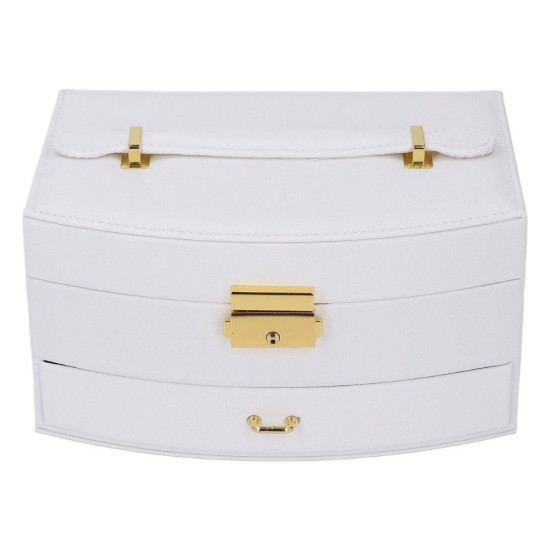 Овален органайзер за накити Отворена бяла кутия за бижута "Arco" от еко кожа с извит капак, огледало и отделение за часовник