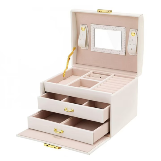 Отворена бяла кутия за бижута "Harmony" от еко кожа с три нива, огледало и отделения за пръстени и обеци