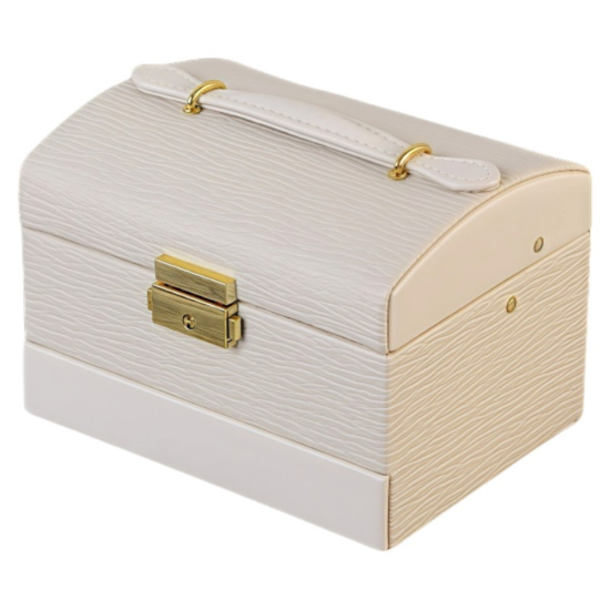 Отворена бежова кутия за бижута на две нива с огледало, отделения за пръстени и чекмедже