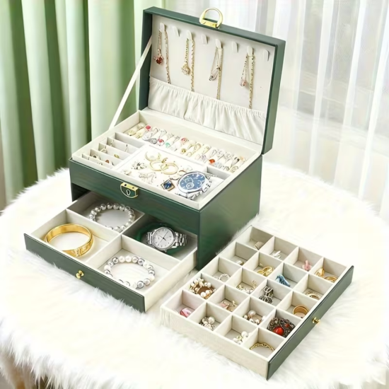 Зелена кожена кутия за бижута на три нива с чекмеджета и златисто закопчаване, отворена и затворена