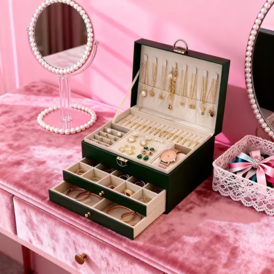 Отворена черна кутия за бижута на 3 нива с бежов интериор, огледало и чекмеджета