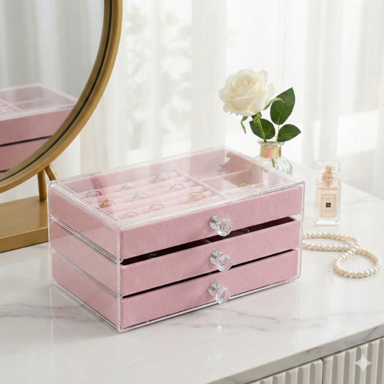 Прозрачен акрилен органайзер за бижута с три розови велурени чекмеджета