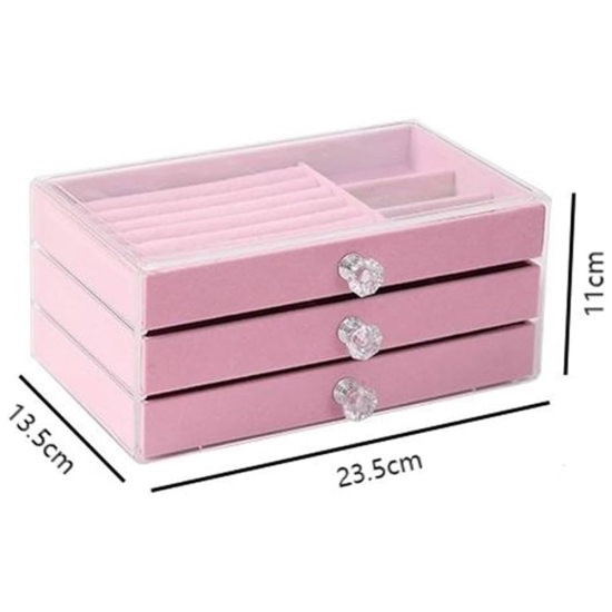 Прозрачен акрилен органайзер за бижута с три розови велурени чекмеджета