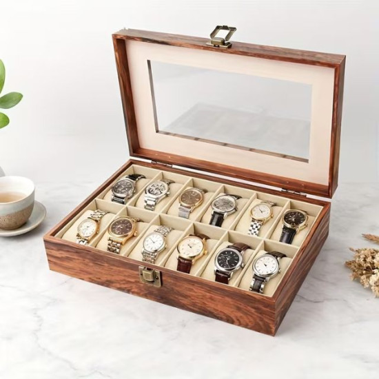 Тъмна дървена кутия за съхранение на 12 часовника със стъклен капак