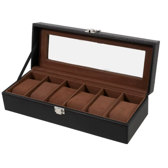 Компактен органайзер за часовници от еко кожа с бели шевове и метална закопчалка