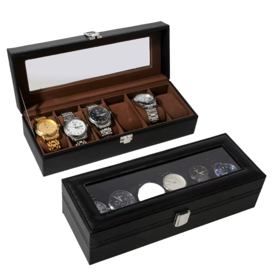 Компактен органайзер за часовници от еко кожа с бели шевове и метална закопчалка