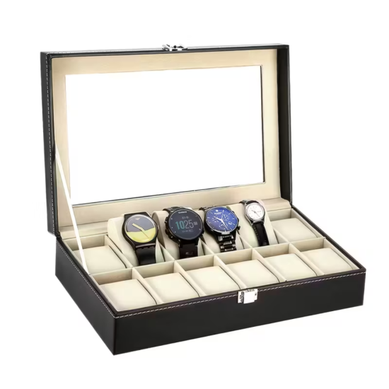 Луксозен органайзер за 12 часовника от черна еко кожа с бели шевове и метална закопчалка